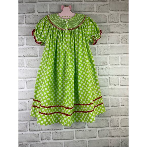 Smockadot Kids Size 3T Santa Face Embroidered on Green White Dotted Dress - Picture 2 of 8